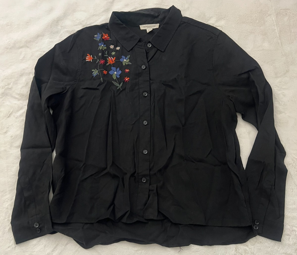 Beachlunchlounge Womens Large Black Button Shirt Floral Embroidered Lyocell Top